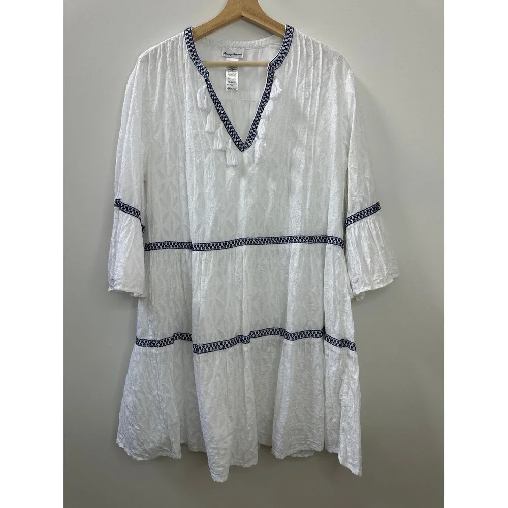 Tommy Bahama Cotton Clip Embroidered Tiered Cover Up Dress White & Blue Large - Picture 10 of 11